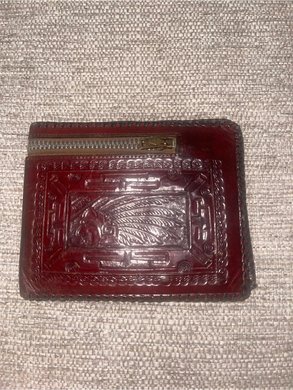 Vintage Tooled Leather Wallet with Native American Design Retro Rustic Farm